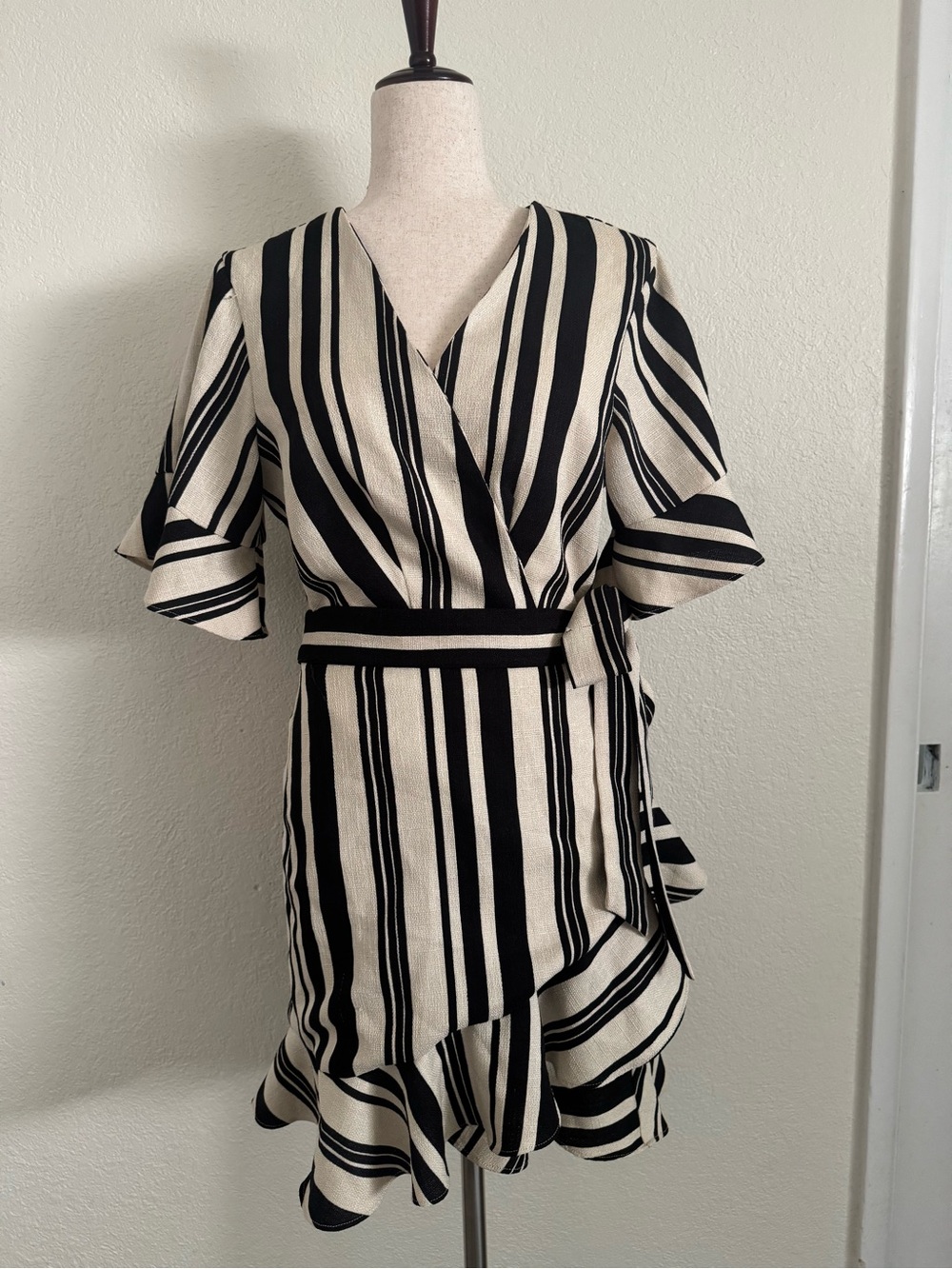 MAJORELLE Black and Cream Striped Wrap Mini Dress